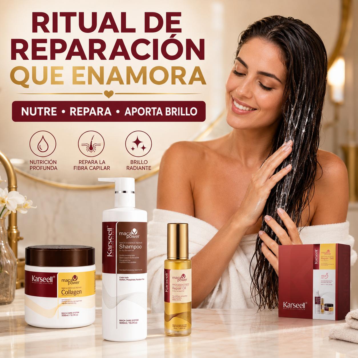 Pack Reparación Capilar Mascarilla de Colágeno 500ml + Sérum de Aceite de Argán 50ml + Champú Maca 500ml