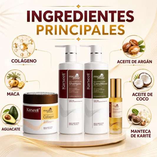 Pack Mascarilla Capilar de Colágeno 500ml + Sérum de Aceite de Argán 50ml + Champú Maca 500ml + Acondicionador Reparador 500ml