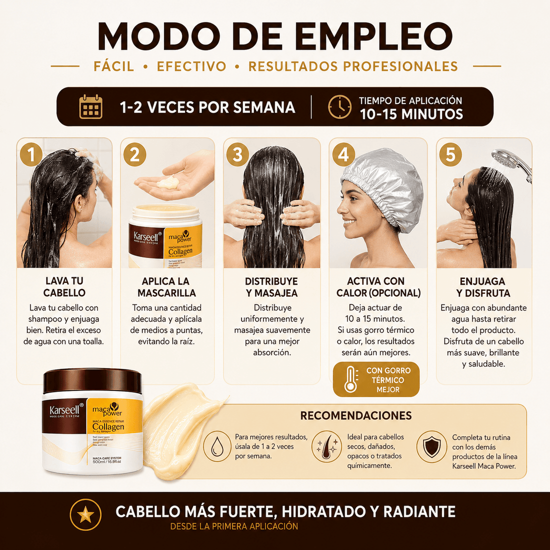 Modo de empleo del tratamiento reconstructor: aplicar mascarilla de colágeno y sellar mechón a mechón