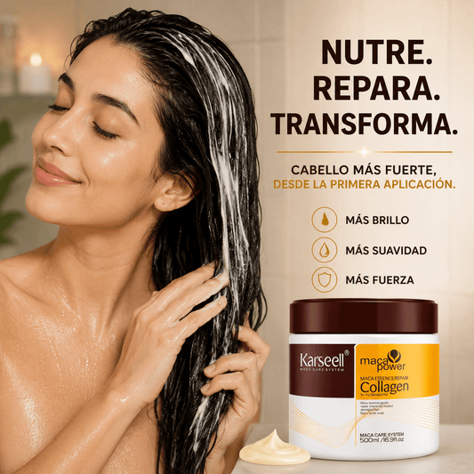 Mujer con la mascarilla capilar de colágeno Karseell aplicada en el pelo durante el tiempo de exposición