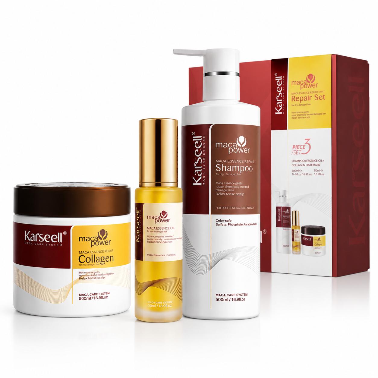 Pack Reparación Capilar Mascarilla de Colágeno 500ml + Sérum de Aceite de Argán 50ml + Champú Maca 500ml