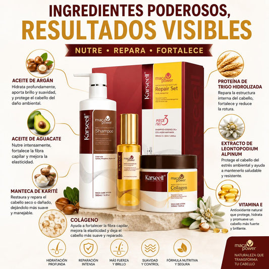 Pack Reparación Capilar Mascarilla de Colágeno 500ml + Sérum de Aceite de Argán 50ml + Champú Maca 500ml