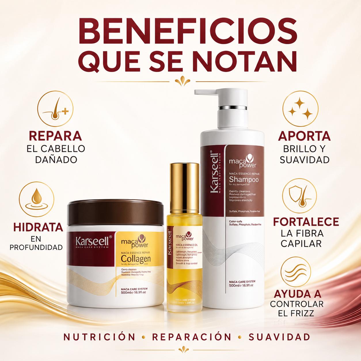 Pack Reparación Capilar Mascarilla de Colágeno 500ml + Sérum de Aceite de Argán 50ml + Champú Maca 500ml