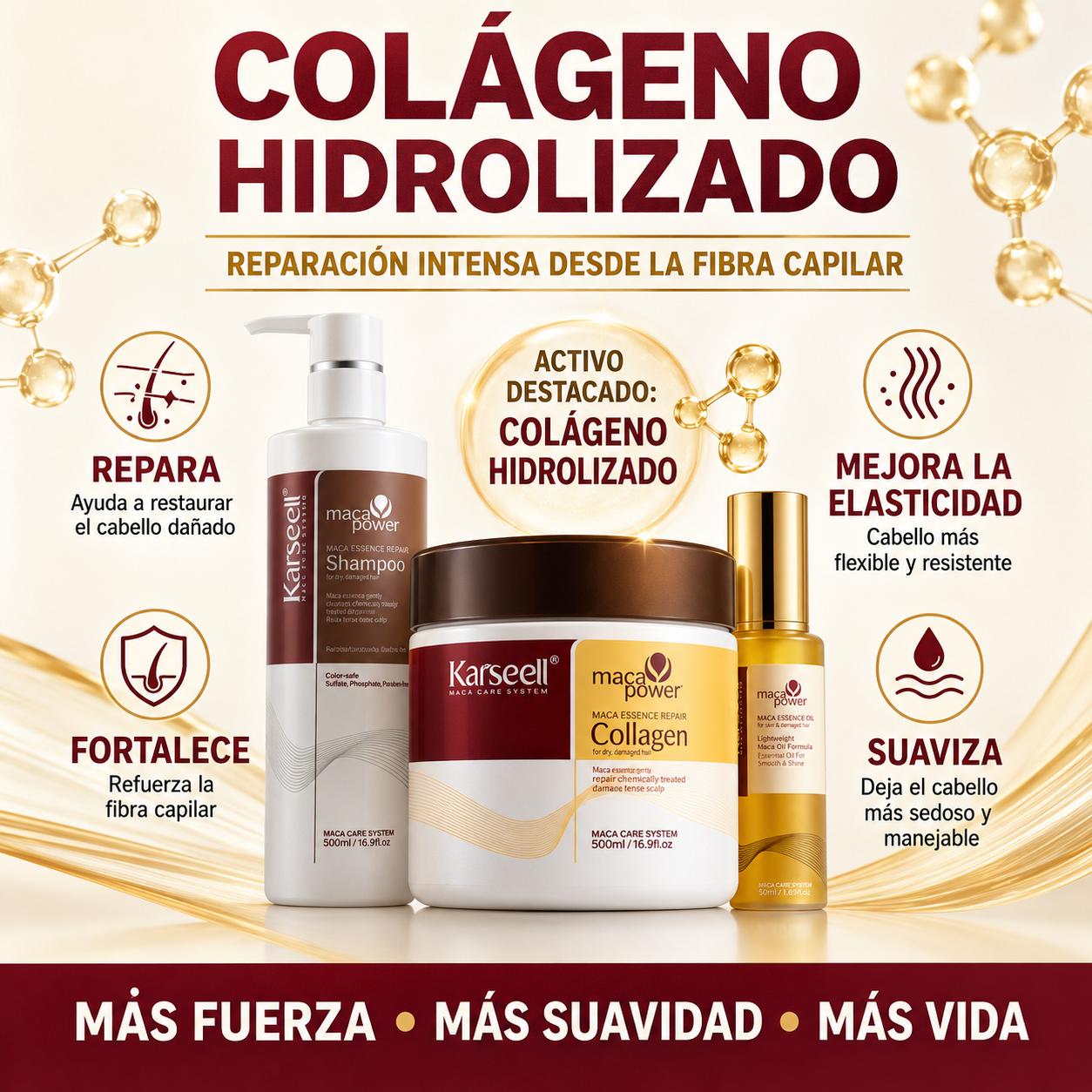 Pack Reparación Capilar Mascarilla de Colágeno 500ml + Sérum de Aceite de Argán 50ml + Champú Maca 500ml
