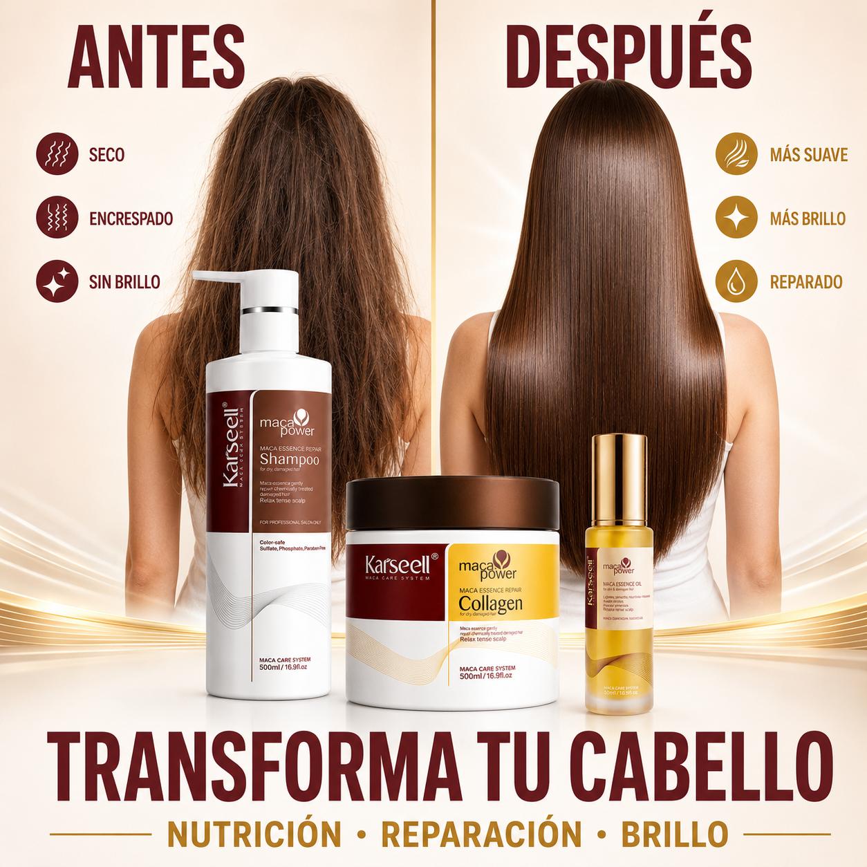 Pack Reparación Capilar Mascarilla de Colágeno 500ml + Sérum de Aceite de Argán 50ml + Champú Maca 500ml