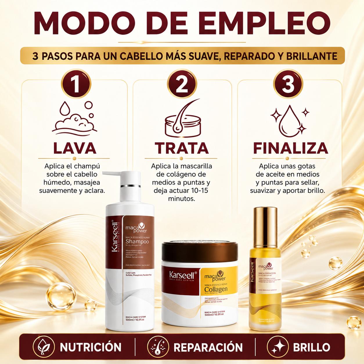 Pack Reparación Capilar Mascarilla de Colágeno 500ml + Sérum de Aceite de Argán 50ml + Champú Maca 500ml