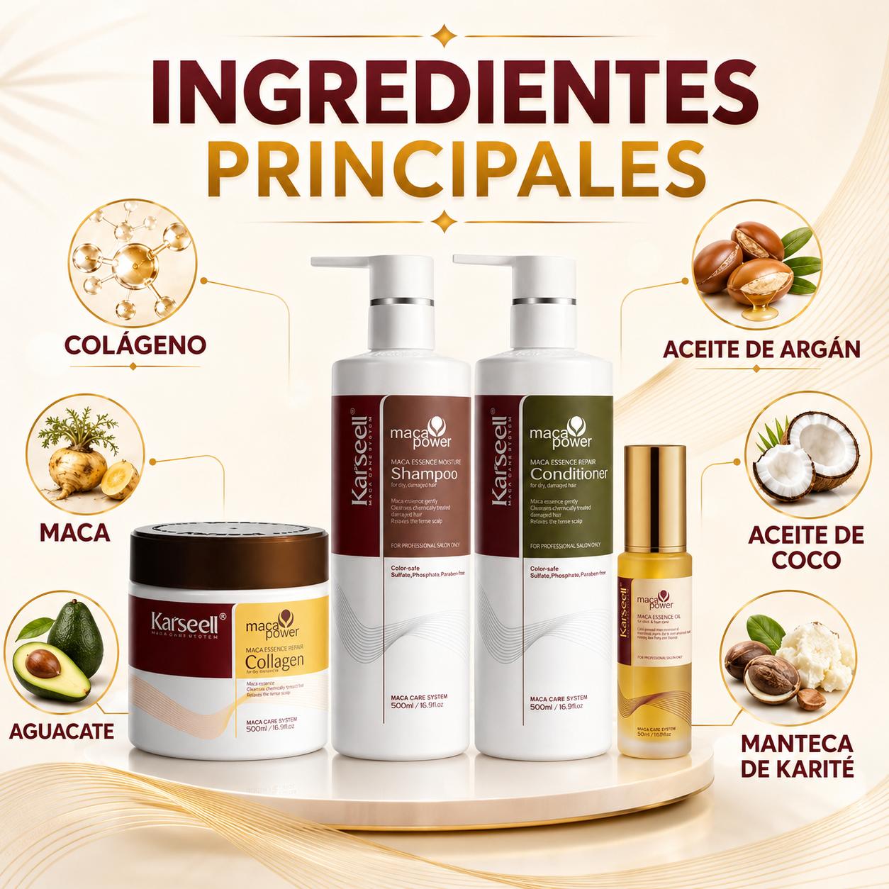 Pack Mascarilla Capilar de Colágeno 500ml + Sérum de Aceite de Argán 50ml + Champú Maca 500ml + Acondicionador Reparador 500ml