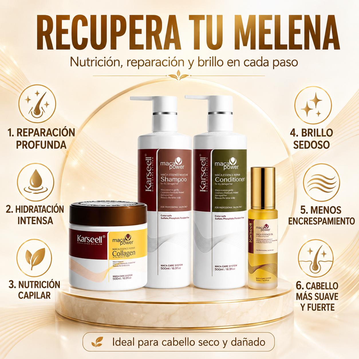 Pack Mascarilla Capilar de Colágeno 500ml + Sérum de Aceite de Argán 50ml + Champú Maca 500ml + Acondicionador Reparador 500ml