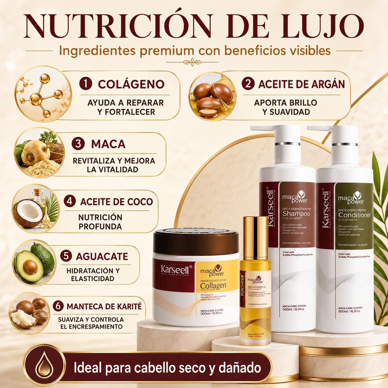 Pack Mascarilla Capilar de Colágeno 500ml + Sérum de Aceite de Argán 50ml + Champú Maca 500ml + Acondicionador Reparador 500ml