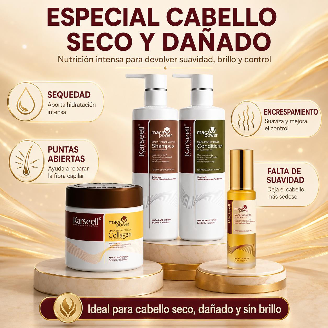 Pack Mascarilla Capilar de Colágeno 500ml + Sérum de Aceite de Argán 50ml + Champú Maca 500ml + Acondicionador Reparador 500ml