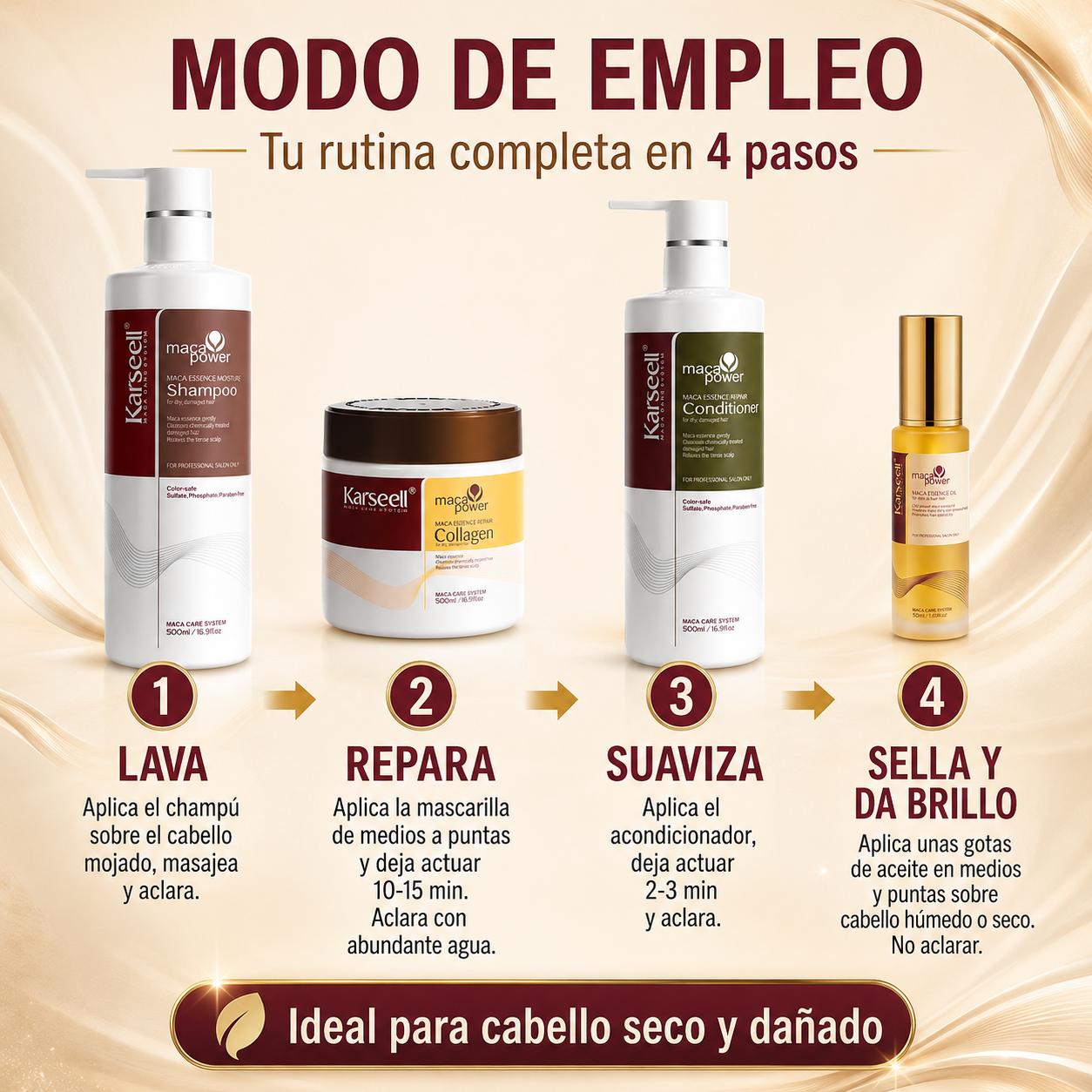Pack Mascarilla Capilar de Colágeno 500ml + Sérum de Aceite de Argán 50ml + Champú Maca 500ml + Acondicionador Reparador 500ml