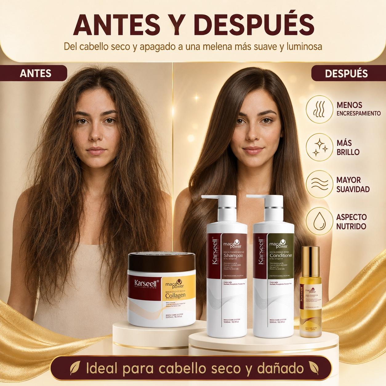 Pack Mascarilla Capilar de Colágeno 500ml + Sérum de Aceite de Argán 50ml + Champú Maca 500ml + Acondicionador Reparador 500ml