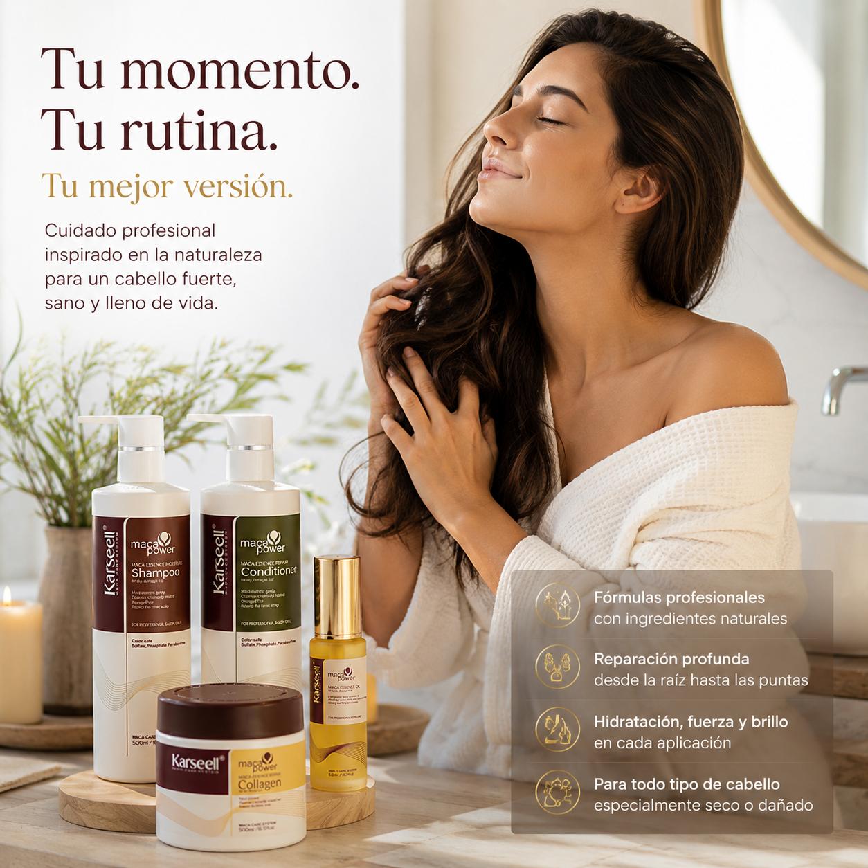 Pack Mascarilla Capilar de Colágeno 500ml + Sérum de Aceite de Argán 50ml + Champú Maca 500ml + Acondicionador Reparador 500ml