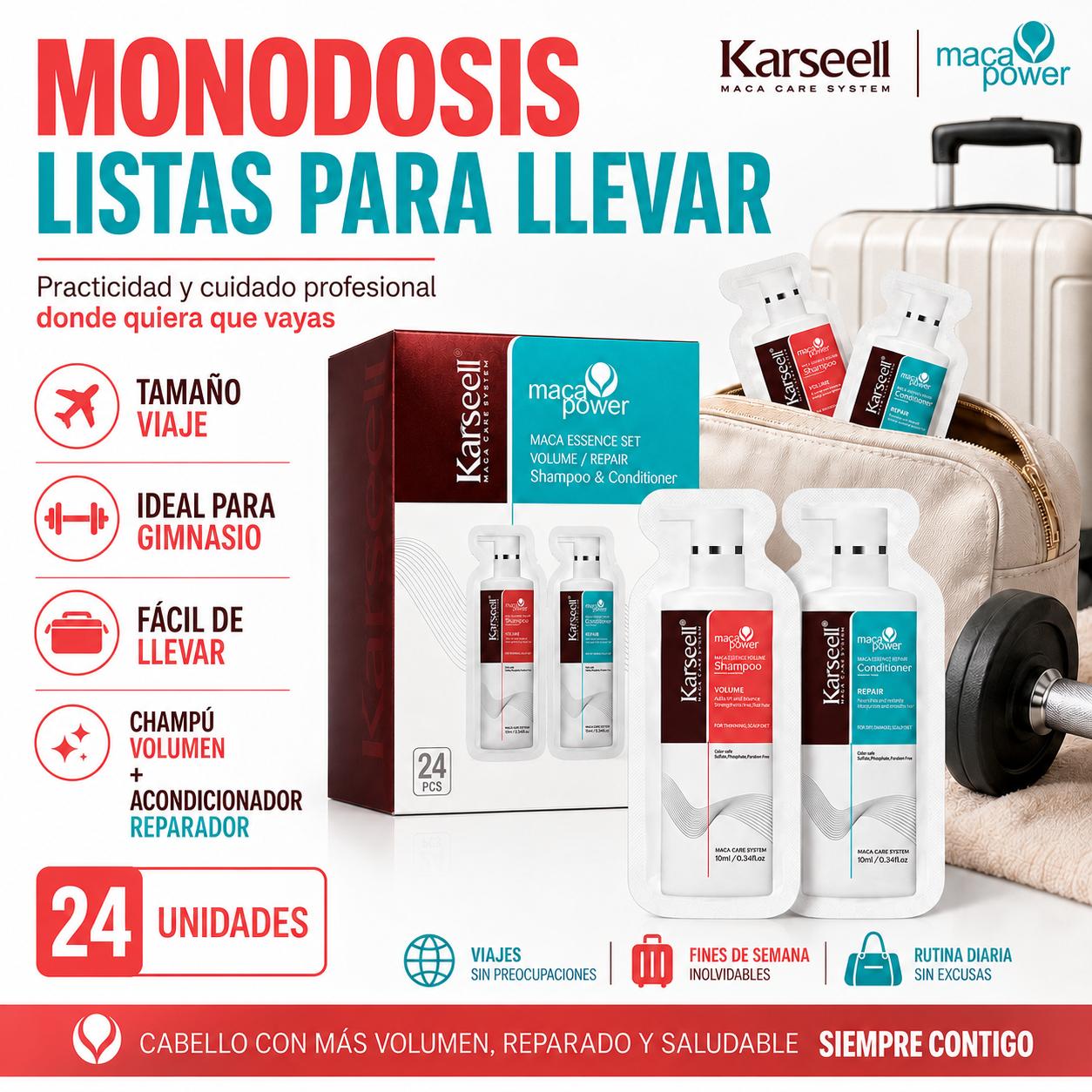 Pack 24 Dúos Champú Voluminizador y Acondicionador Reparador Monodosis 10ml