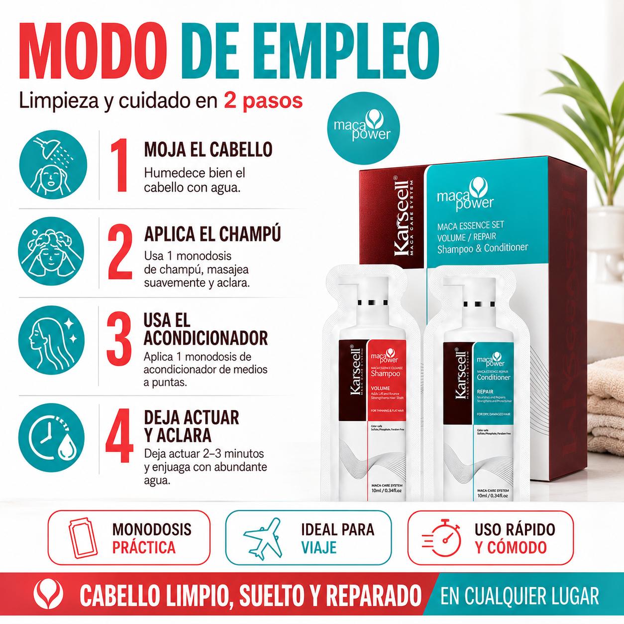 Pack 24 Dúos Champú Voluminizador y Acondicionador Reparador Monodosis 10ml
