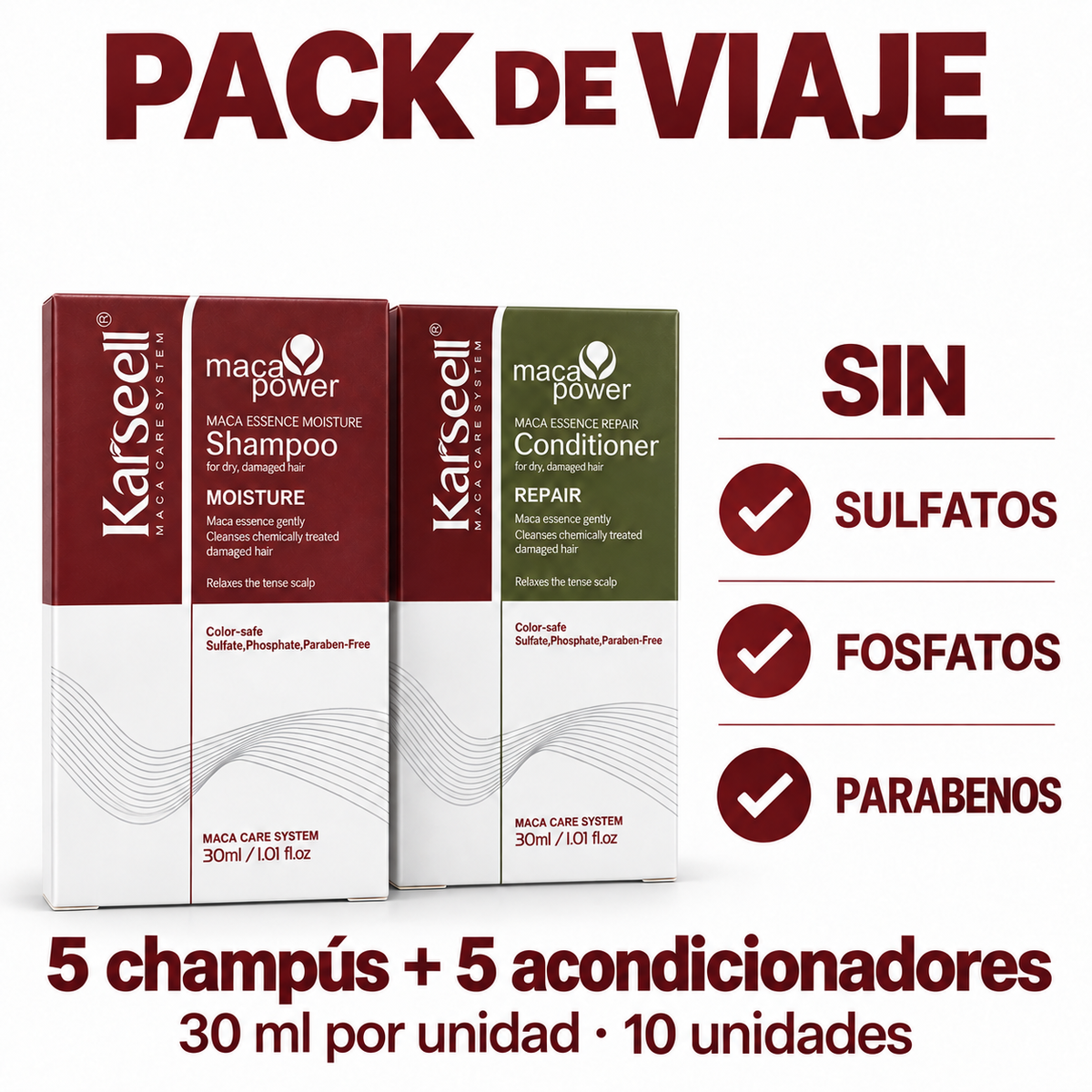 Pack Viaje - 5 Champú Maca 30 ml + 5 Acondicionador Maca 30 ml