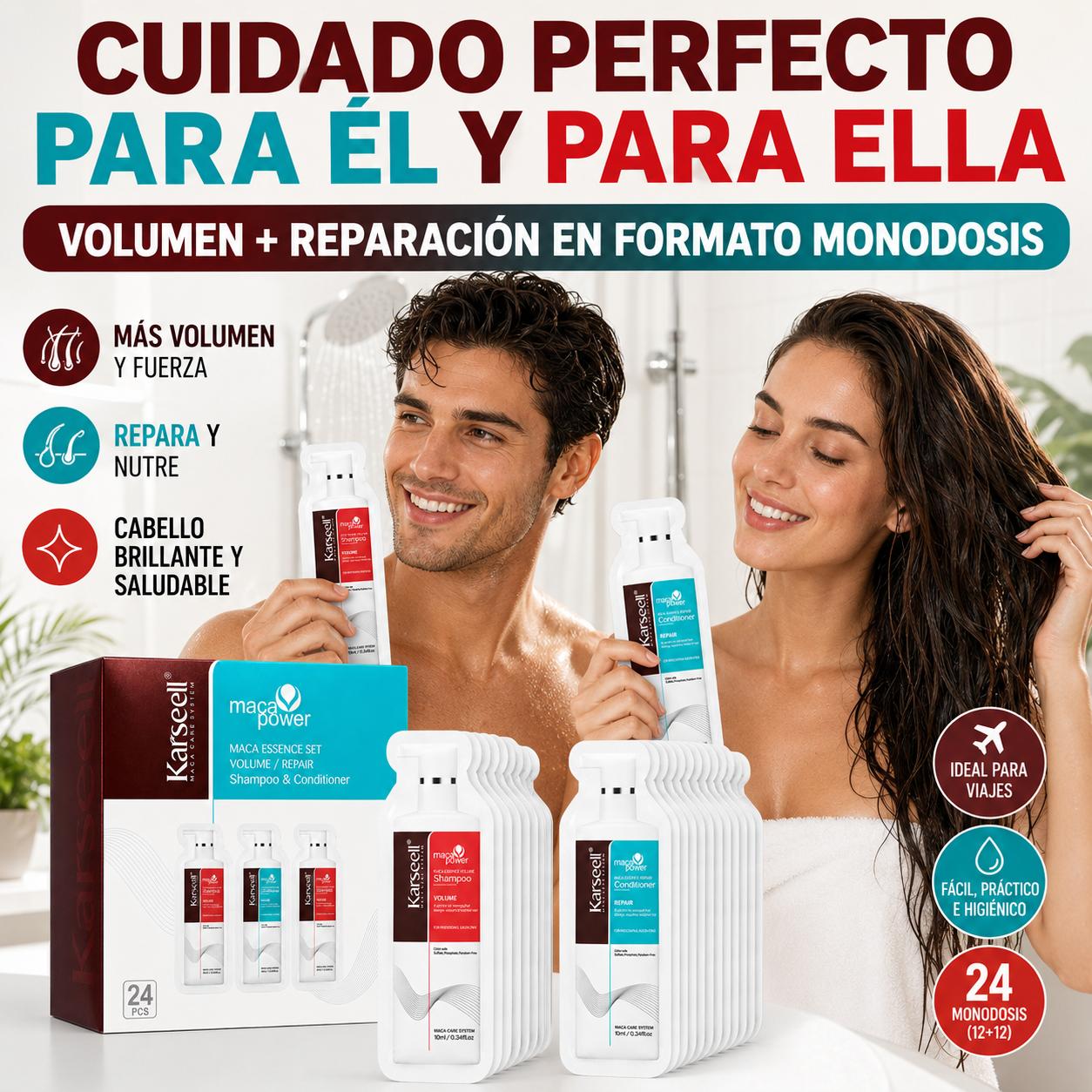 Pack 24 Dúos Champú Voluminizador y Acondicionador Reparador Monodosis 10ml