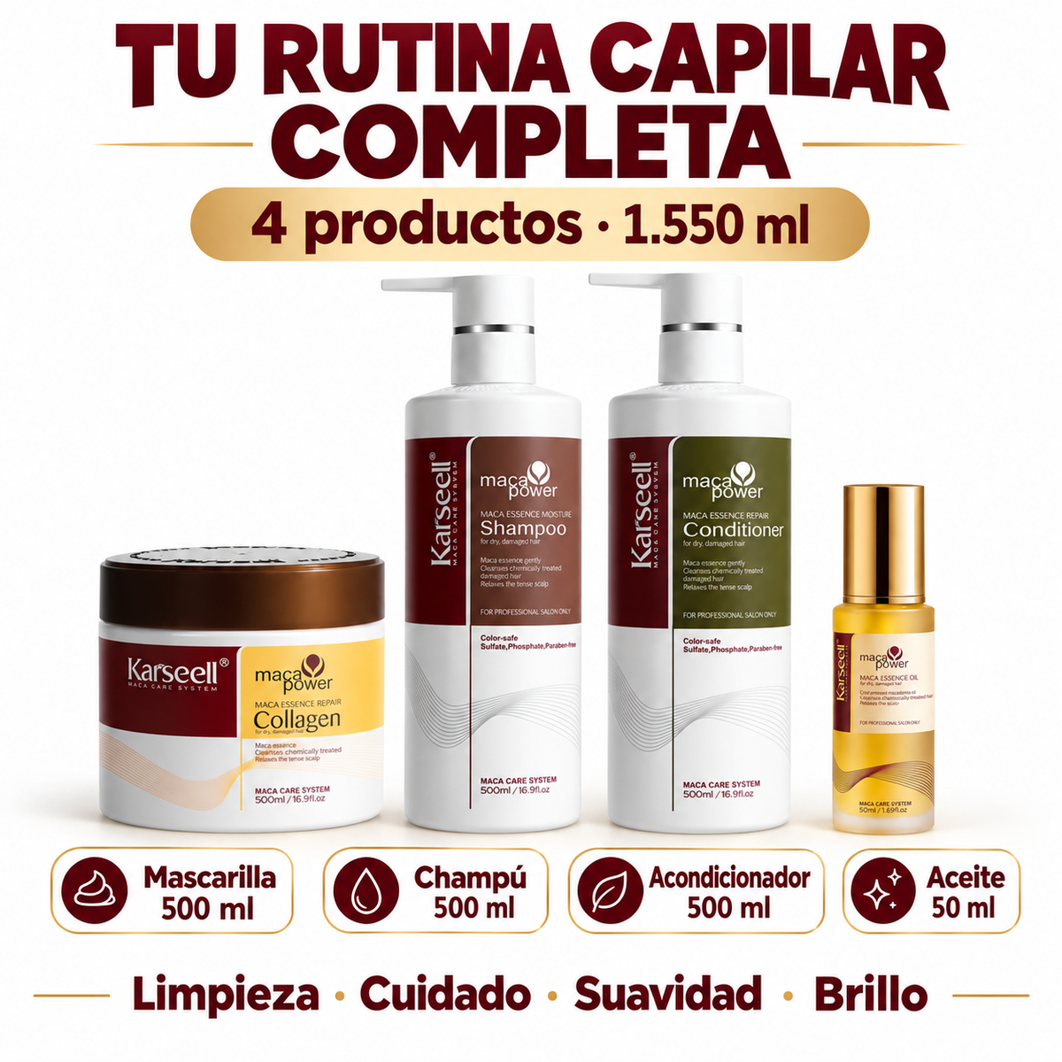 Pack Champú Maca 500 ml + Acondicionador 50 ml + Mascarilla Colágeno 500 ml + Aceite 50 ml