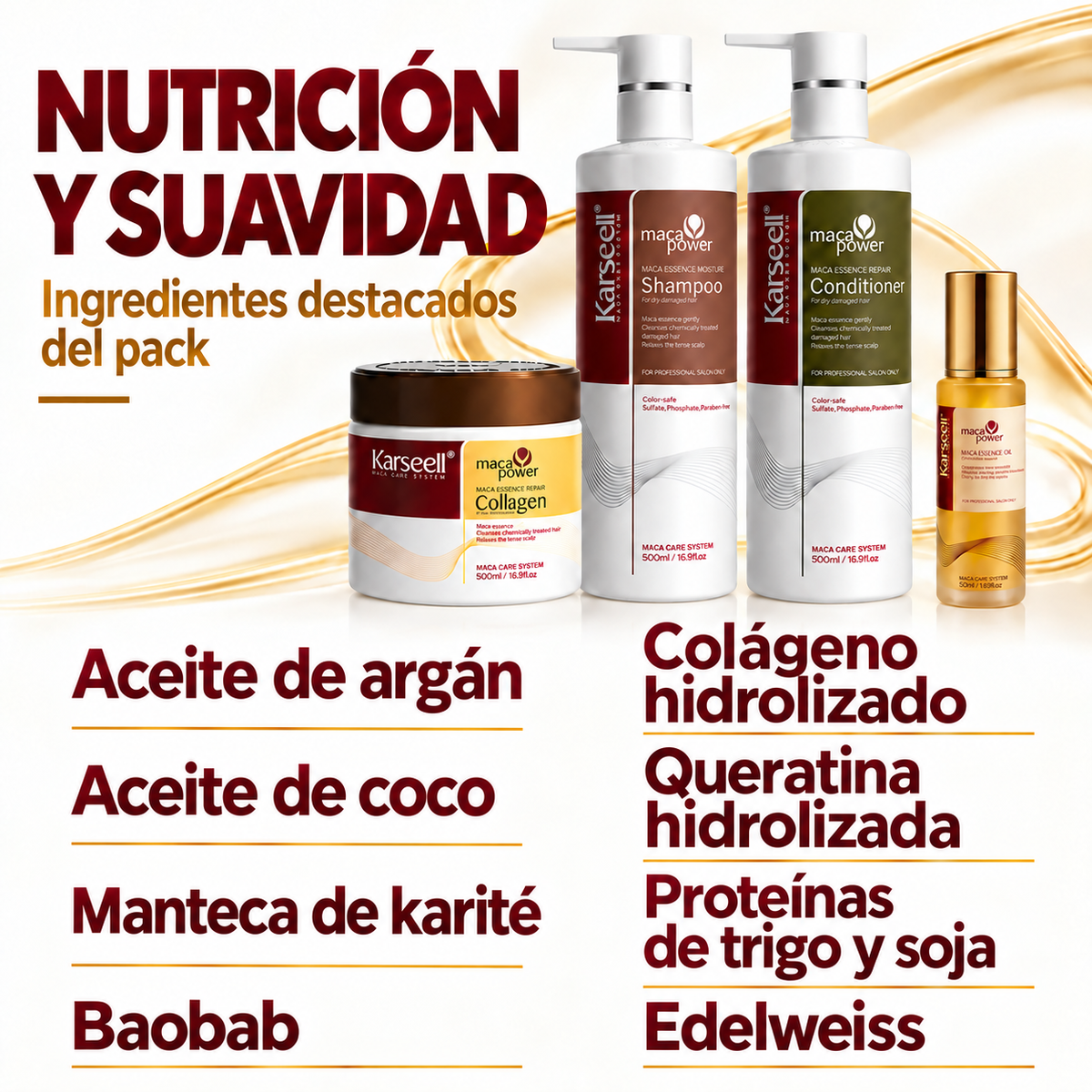 Pack Champú Maca 500 ml + Acondicionador 50 ml + Mascarilla Colágeno 500 ml + Aceite 50 ml