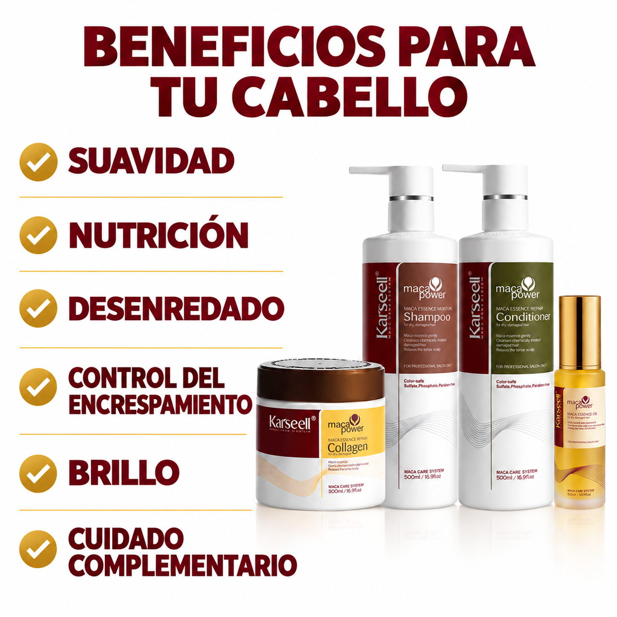 Pack Champú Maca 500 ml + Acondicionador 50 ml + Mascarilla Colágeno 500 ml + Aceite 50 ml