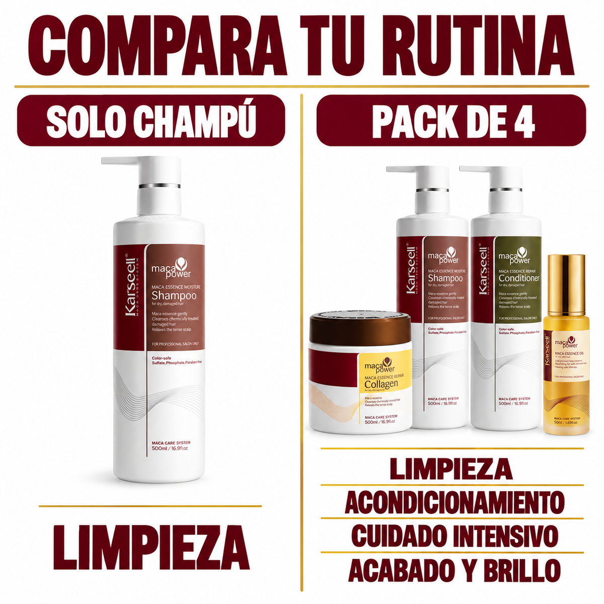 Pack Champú Maca 500 ml + Acondicionador 50 ml + Mascarilla Colágeno 500 ml + Aceite 50 ml