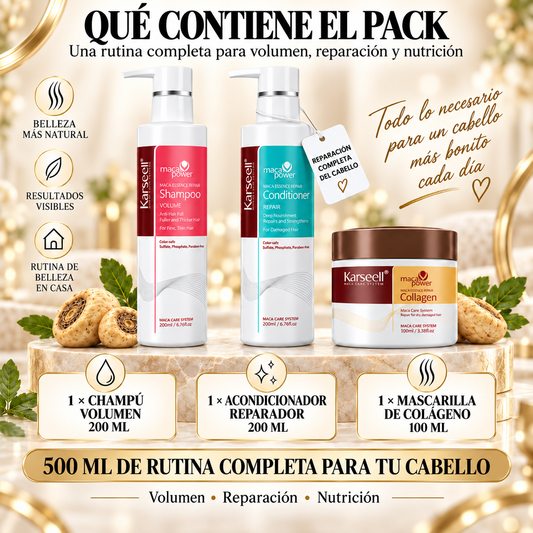 KARSEELL Pack Champú Volumen 200 ml + Acondicionador 200 ml + Mascarilla Colágeno 100 ml