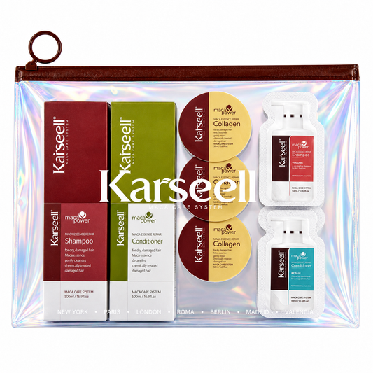 Neceser de Viaje Playa con 3 Mascarillas de Colágeno Monodosis 12ml, 1 Champú Maca 30ml, 1 Acondicionador Maca 30ml, 2 Sobres de Champú Voluminizador 10ml y 2 Sobres de Acondicionador Reparador 10ml