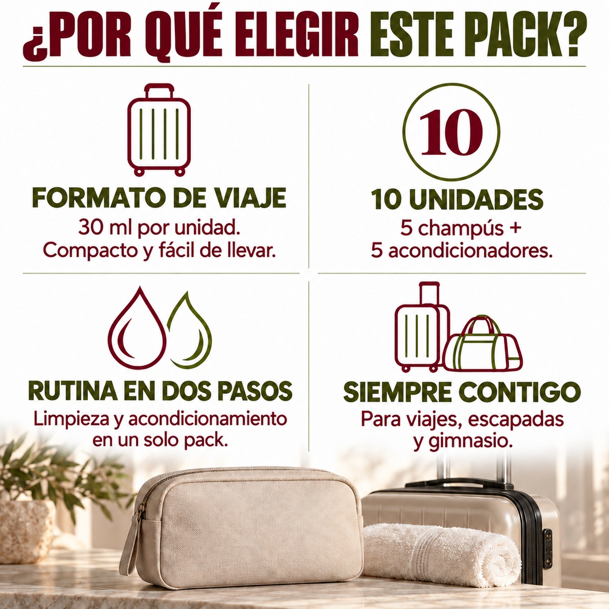 Pack Viaje - 5 Champú Maca 30 ml + 5 Acondicionador Maca 30 ml