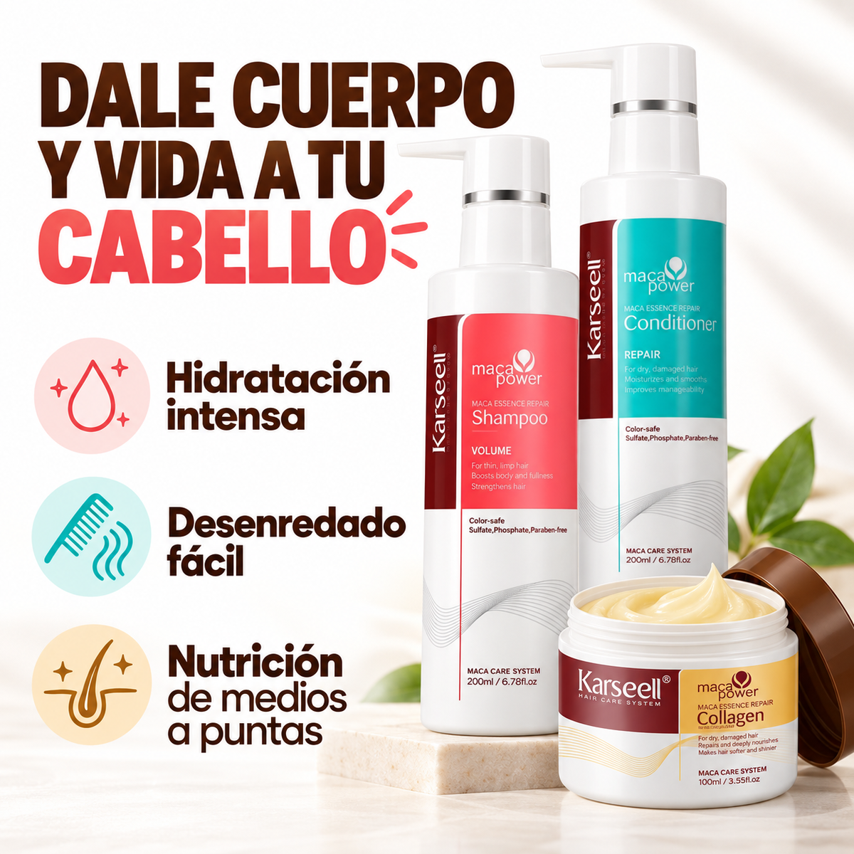 Pack Champú Volumen 200 ml + Acondicionador 200 ml + Mascarilla Colágeno 100 ml