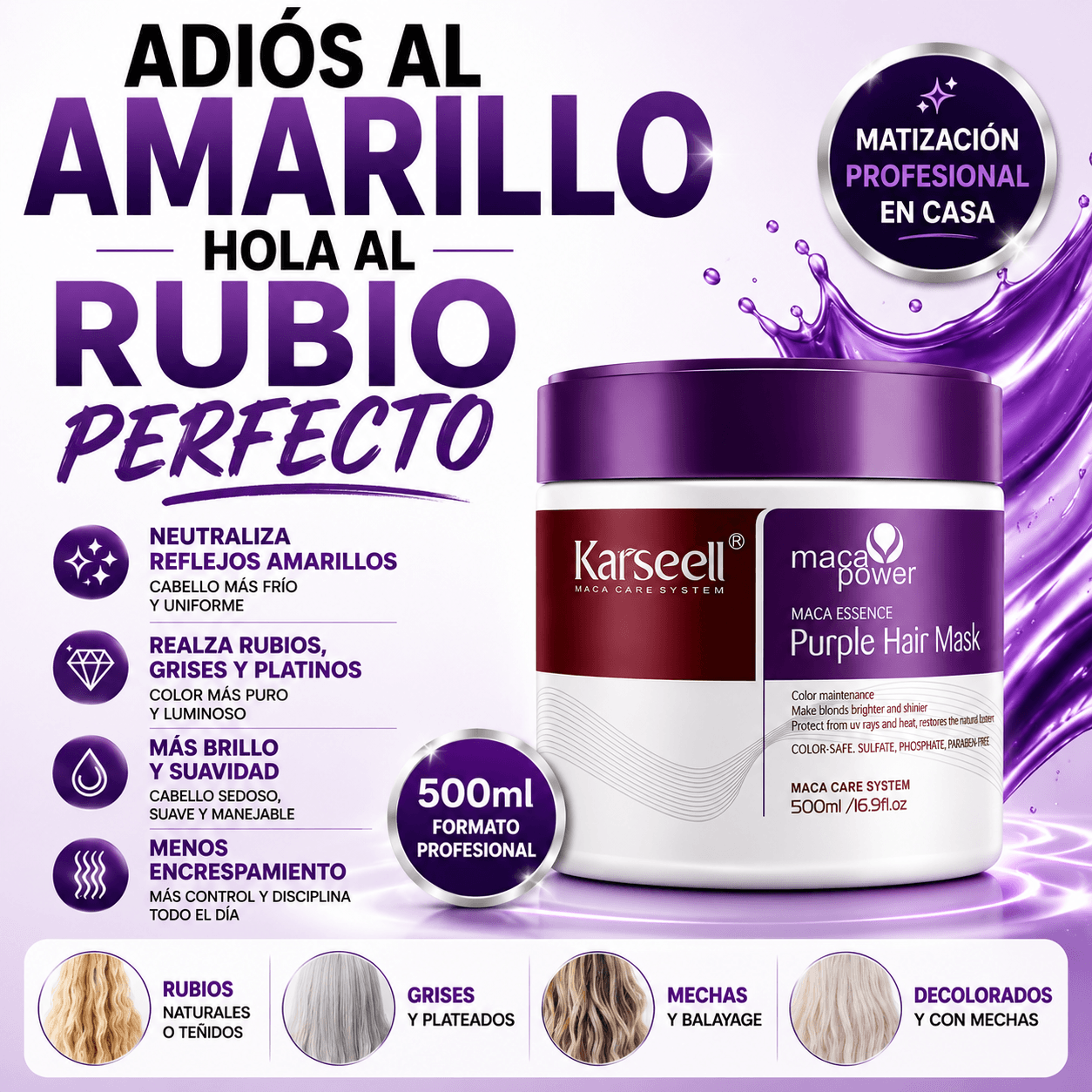 Mascarilla capilar violeta matizadora 500ml + aceite de argán 50ml