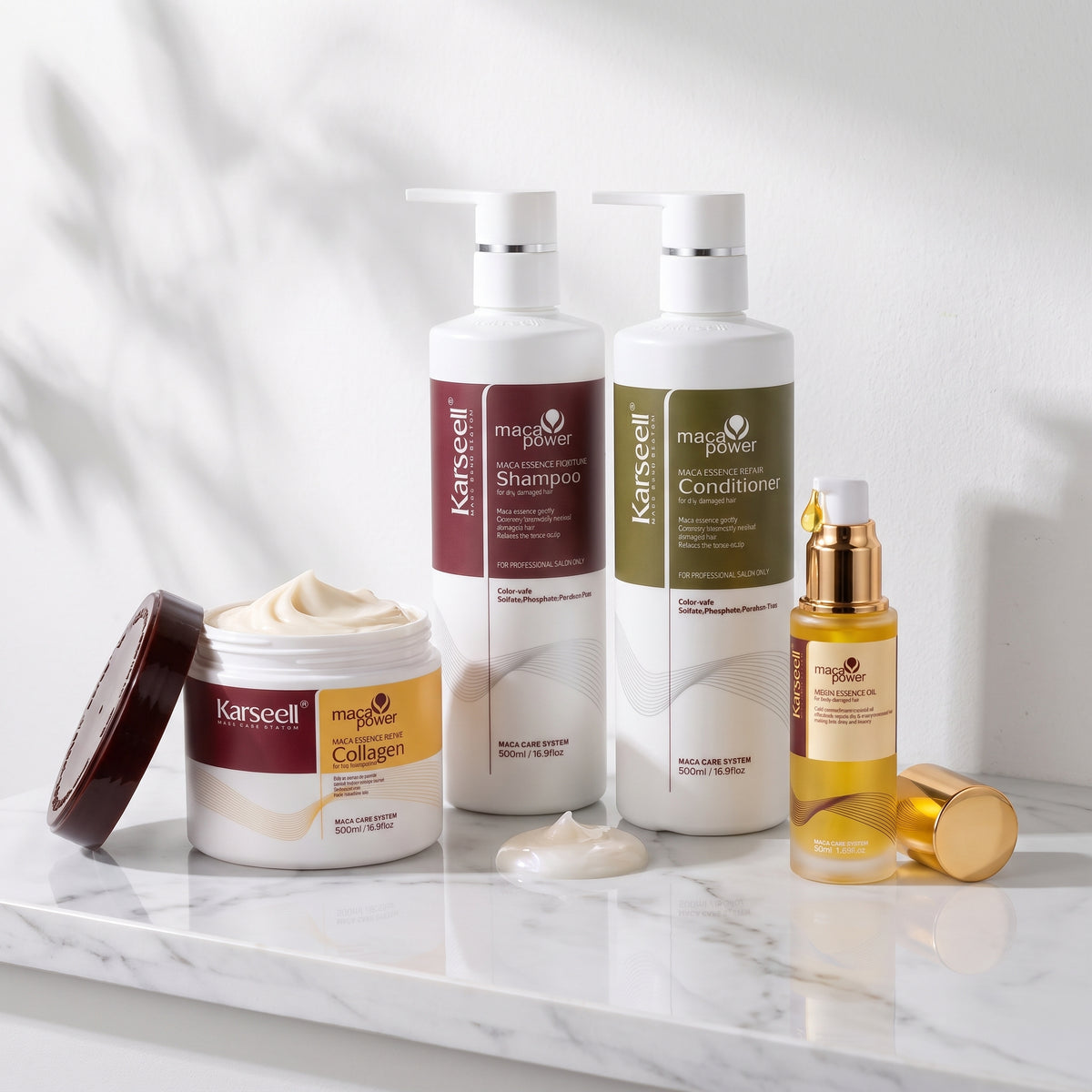 Rutina Karseell Maca: champú, acondicionador, mascarilla de colágeno y aceite de argán