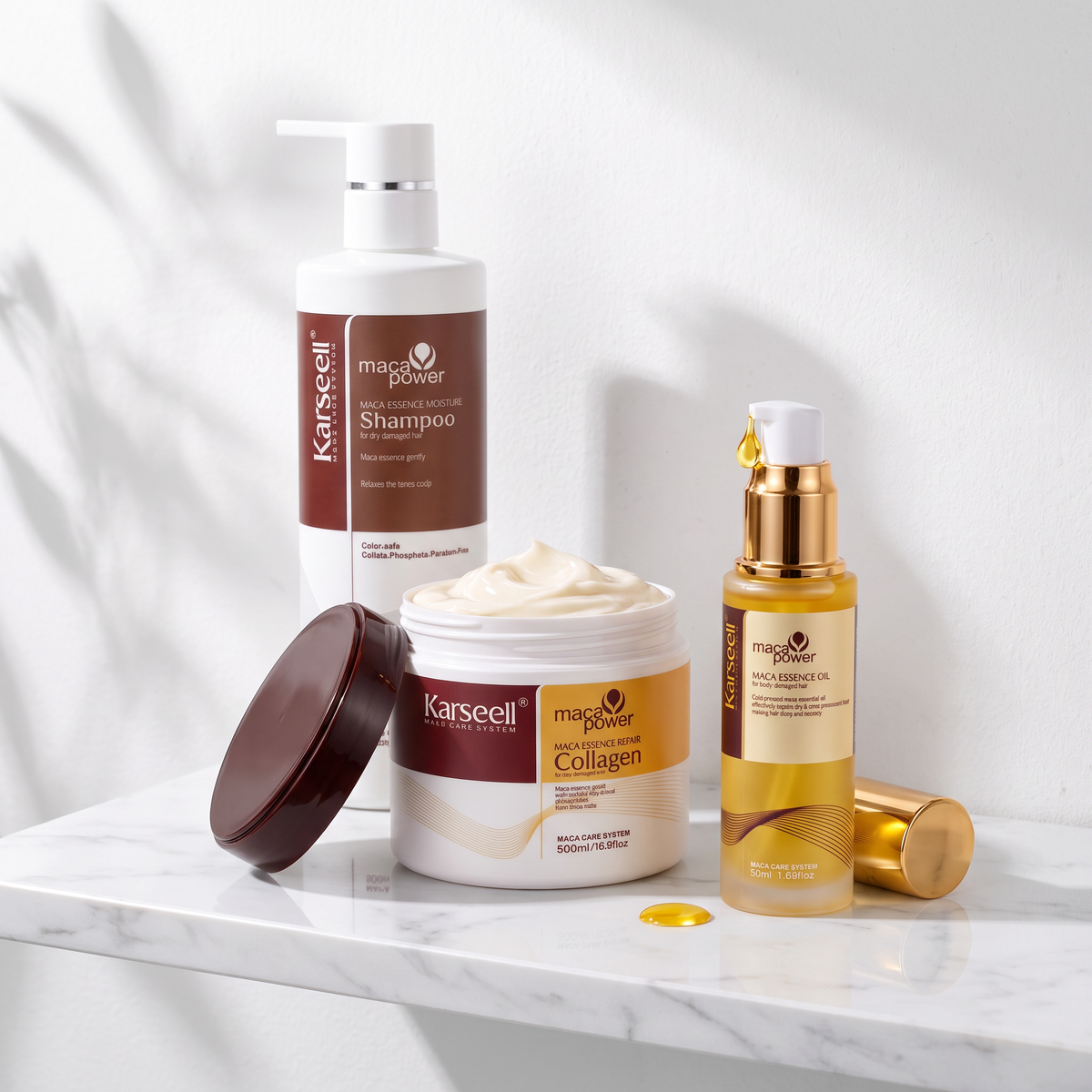 Pack Reparación Karseell en uso: mascarilla de colágeno abierta, champú y sérum de argán