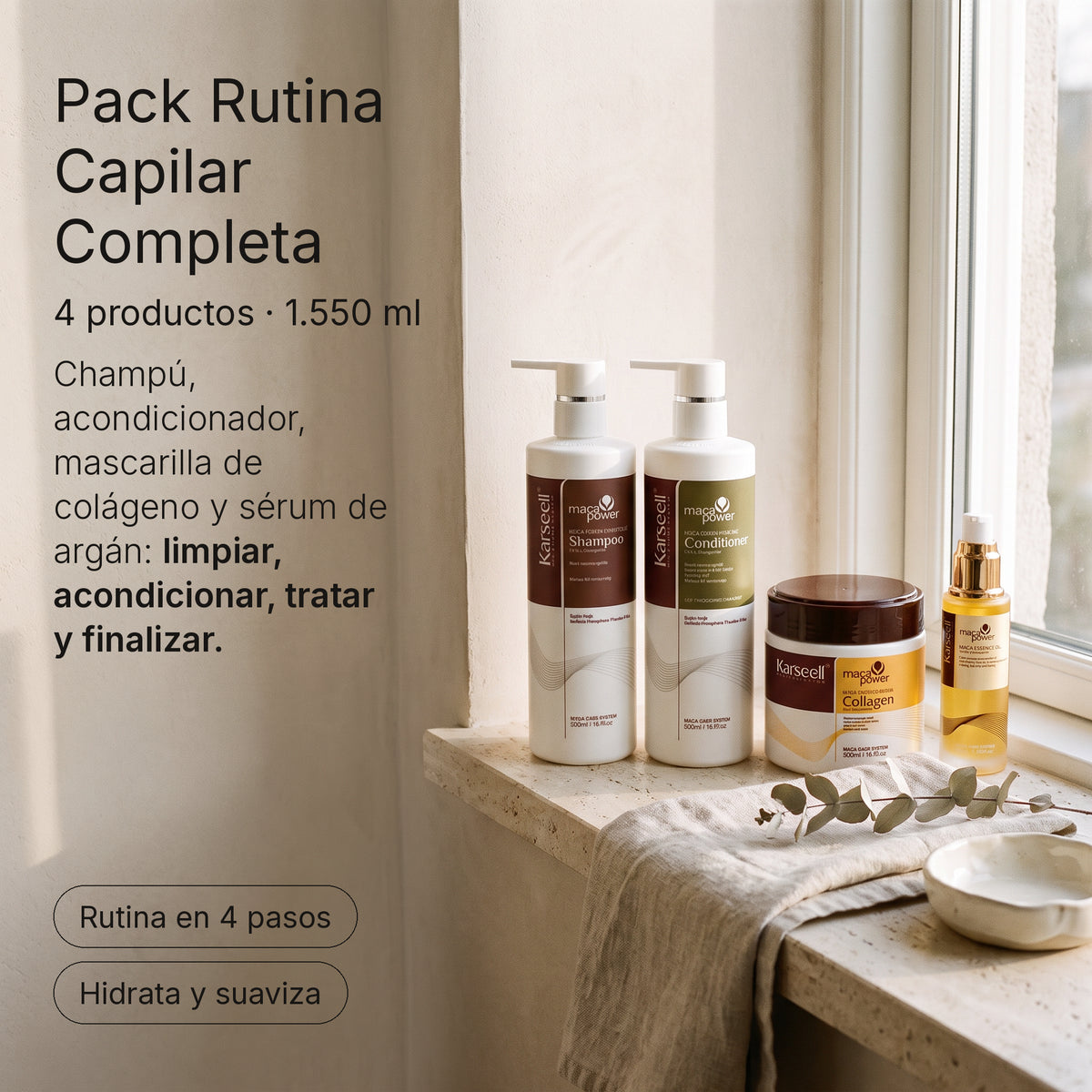 Pack Champú Maca 500 ml + Acondicionador 50 ml + Mascarilla Colágeno 500 ml + Aceite 50 ml — foto 6