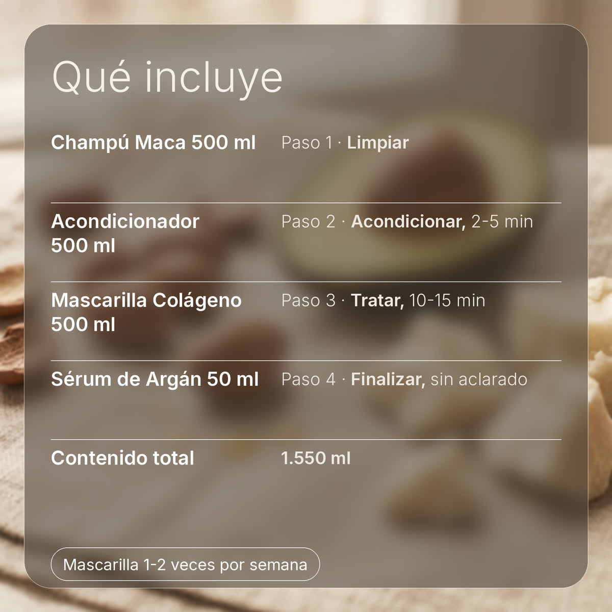 Pack Champú Maca 500 ml + Acondicionador 50 ml + Mascarilla Colágeno 500 ml + Aceite 50 ml — foto 8