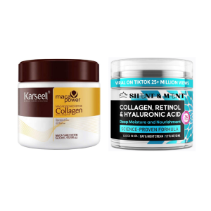 Pack de 2 unidades - 1 Mascarilla Capilar de Colágeno Karseell 500 ml. + 1 Crema facial Shent & Ment con Retinol al 3%, Colágeno y Ácido Hialurónico 50 ml.