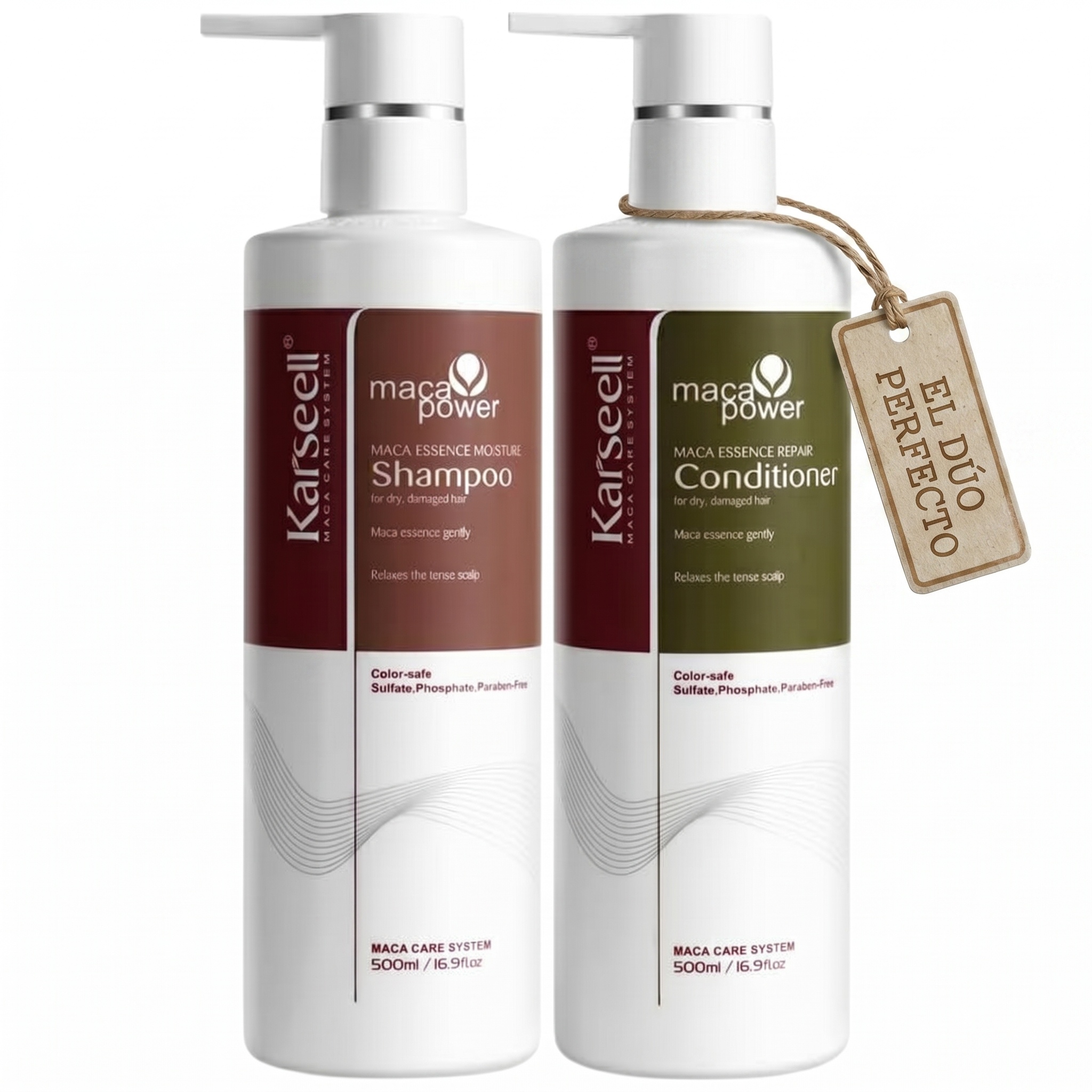 KARSEELL Pack Champú Hidratante + Acondicionador Reparador Cabello Seco Dañado Teñido Rizado Encrespado Nutritivo Colágeno Argán Maca Brillo Suavidad Antifrizz Sin Sulfatos 2x500ml