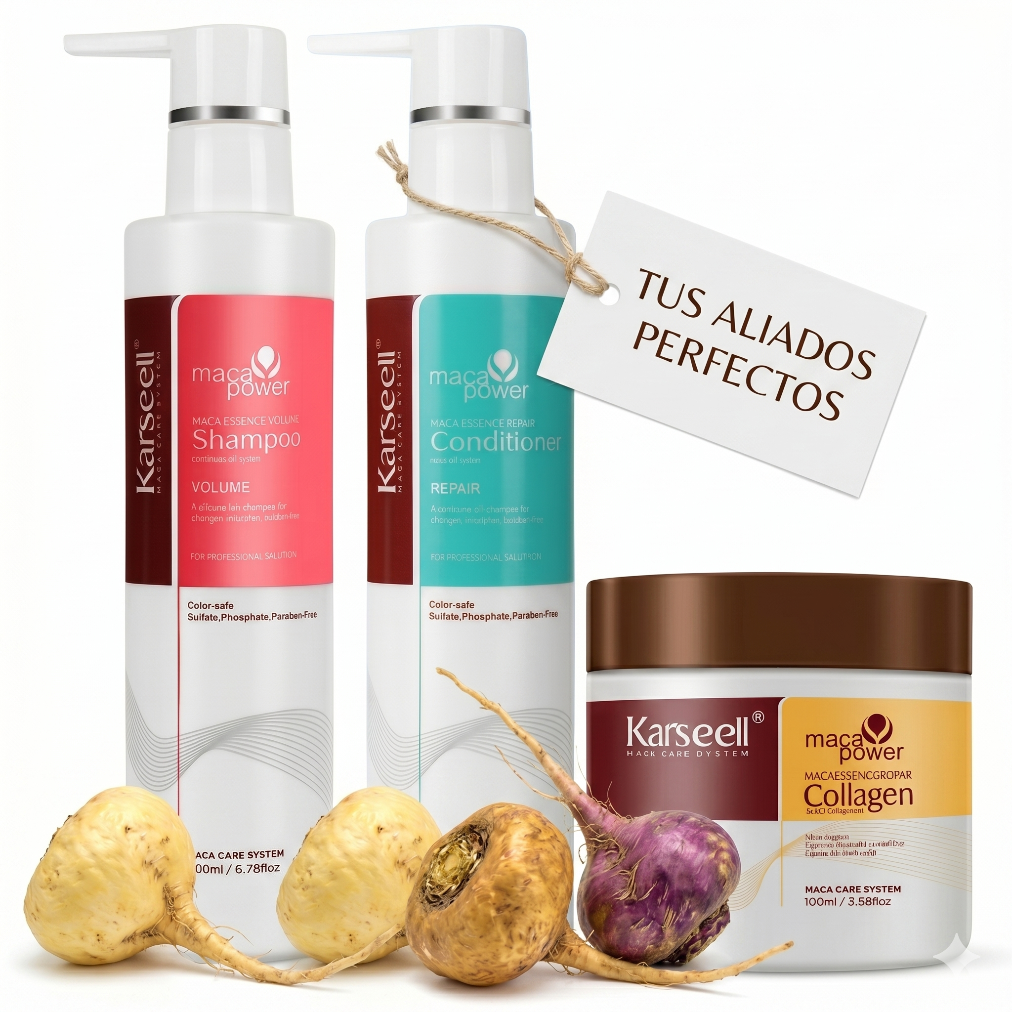 KARSEELL Pack Mascarilla Capilar Colágeno 100ml + Champú Voluminizador 200ml + Acondicionador Reparador 200ml Aceite de Argán Pantenol Volumen Hidratación Cabello Fino Seco Dañado
